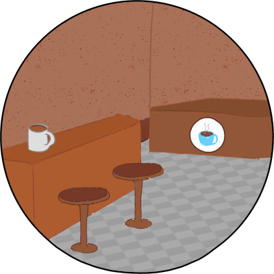 the inside of a café, there is brown walls, a blue floor, and brown tables lining the walls, on the table on the left there is a cup of coffee in a white mug and a brown stool close by, and on the center of the table on the right there is a white circle logo with a blue mug of hot coffee inside, the whole scene is inside a circle.